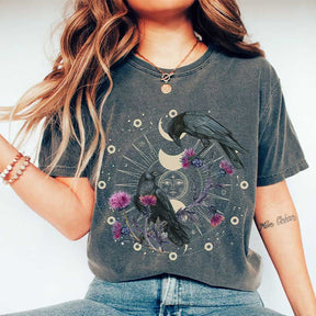 Celestial Ravens and Thistles Moon Floral T-Shirt