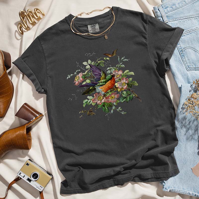 Pressed Flowers Bird And Butterflies T-Shirt