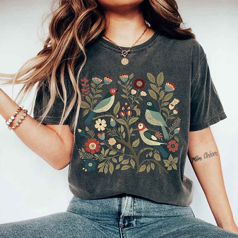 Birds and Flowers Scandi Art T-Shirt