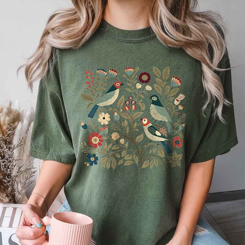 Birds and Flowers Scandi Art T-Shirt