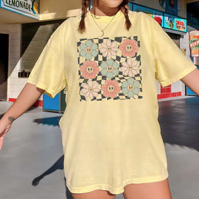 Checkered Flower Retro Trendy Summer T-Shirt