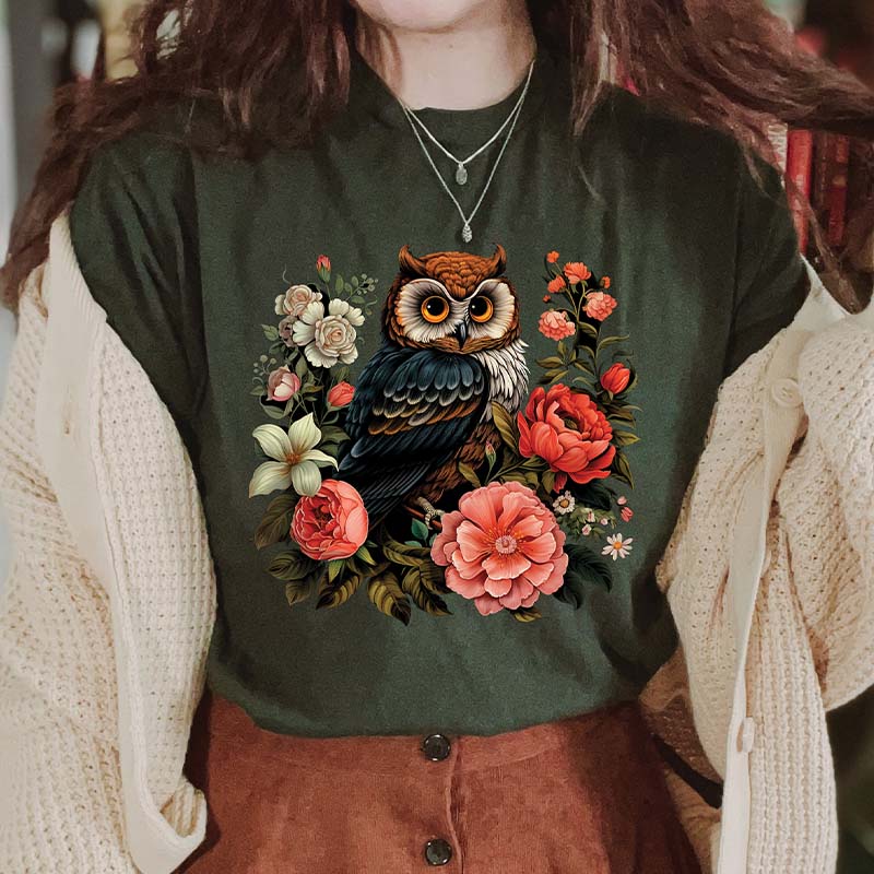 Cute Owl Boho Style Flowers T-Shirt