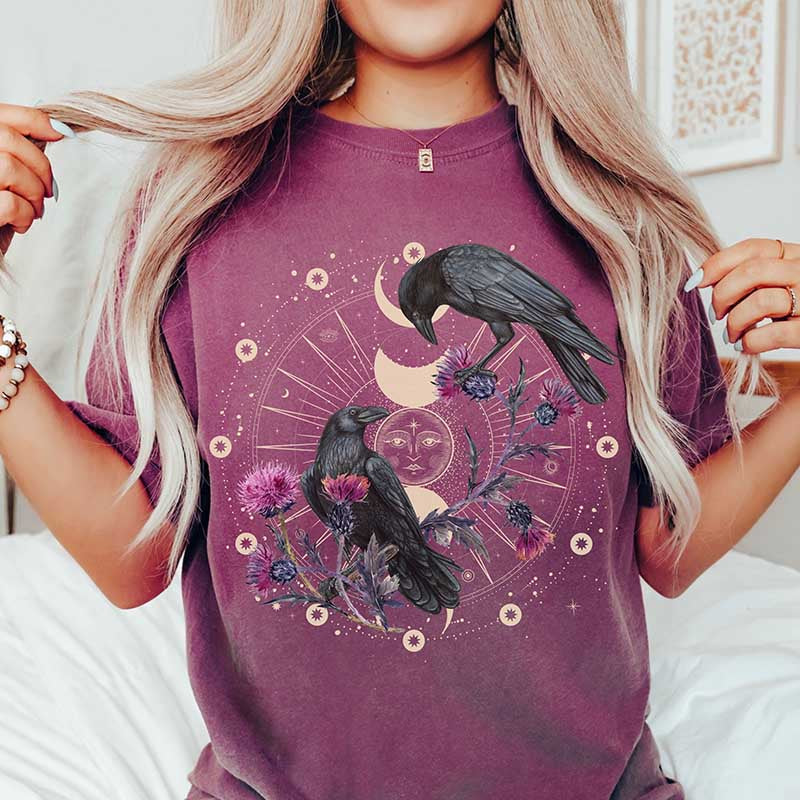 Celestial Ravens and Thistles Moon Floral T-Shirt