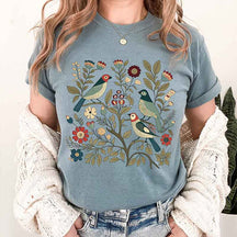 Birds and Flowers Scandi Art T-Shirt