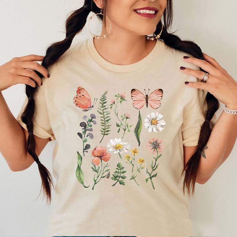 Floral WildFlowers Butterfly Woodland T-Shirt