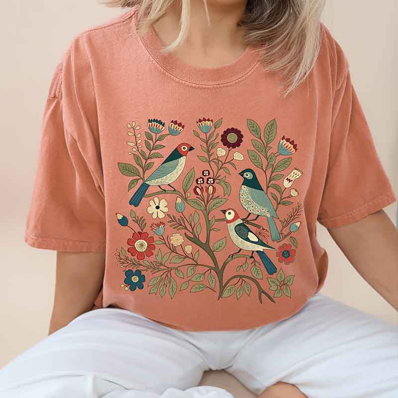 Birds and Flowers Scandi Art T-Shirt