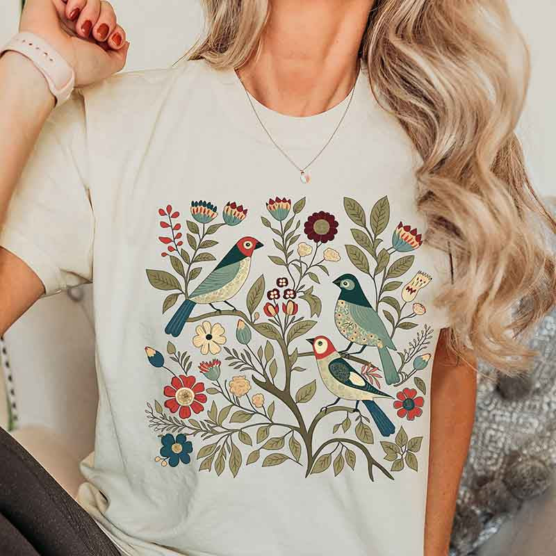 Birds and Flowers Scandi Art T-Shirt