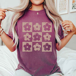 Retro Checkered Flowers Floral T-Shirt