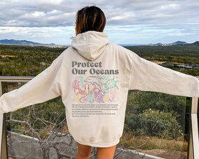 Protect Our Oceans Words on Back Hoodie