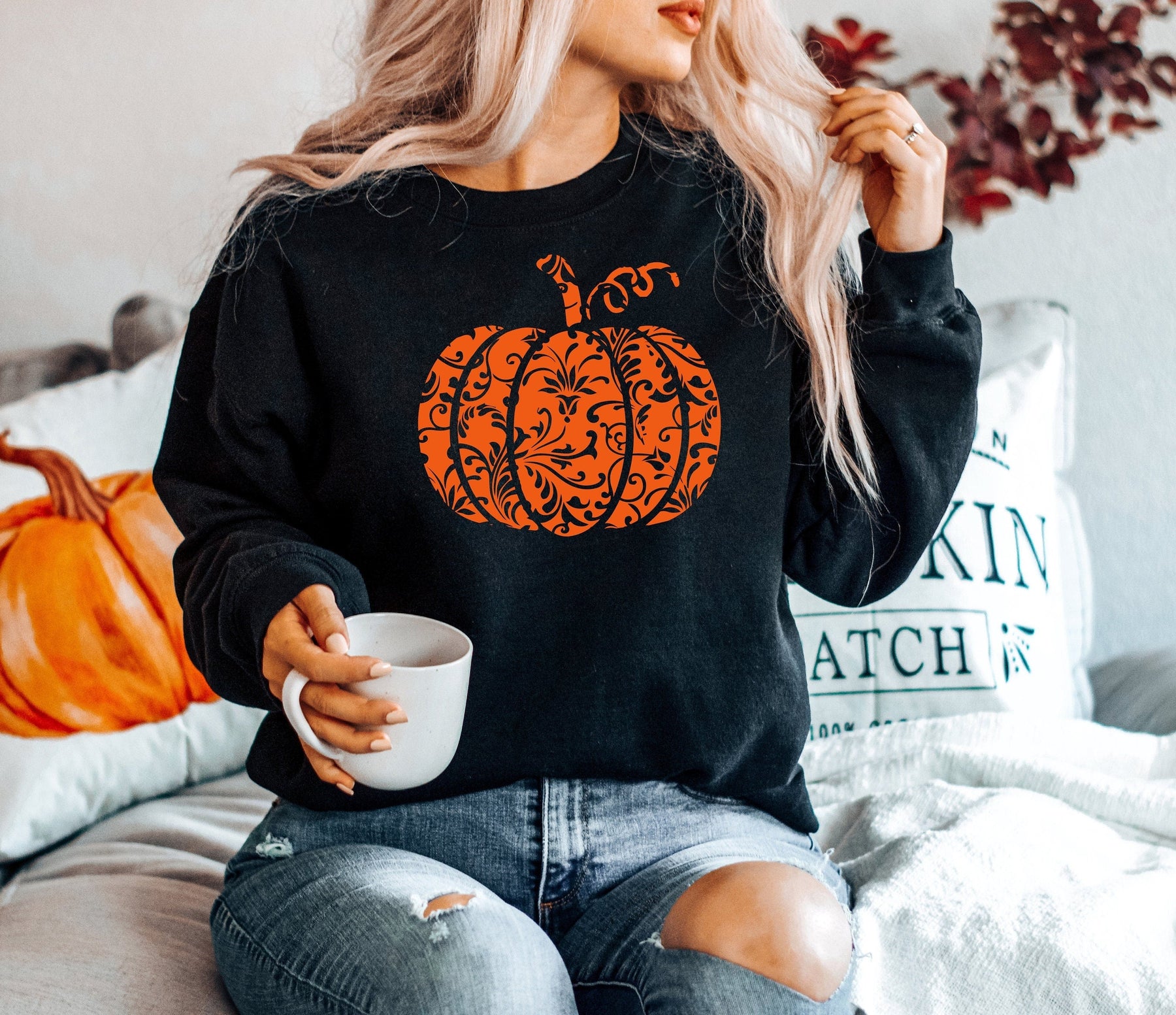 Floral Pumpkin Crew Neck Comfort Sweatshirt