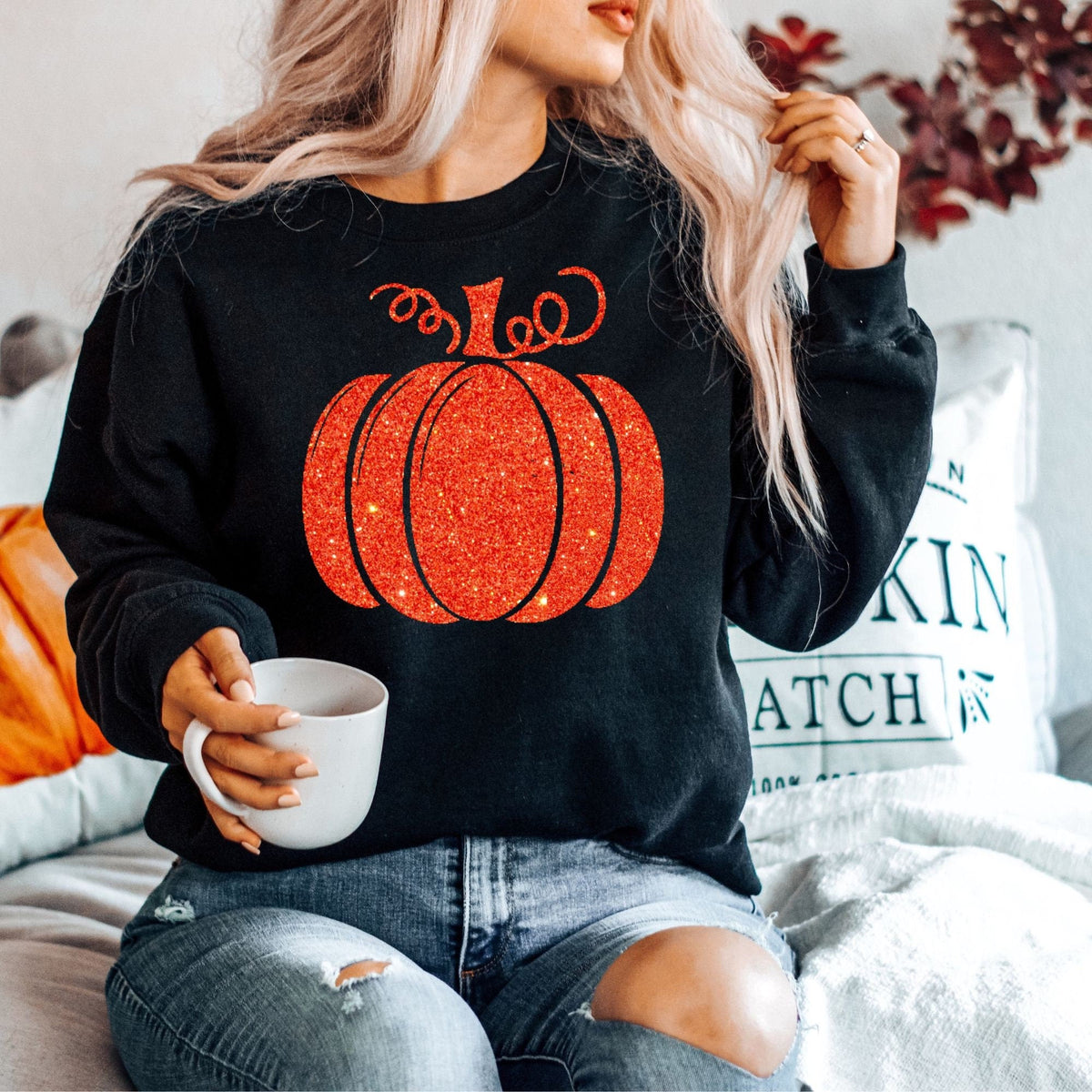 Fall Orange Glitter Pumpkin Thanksgiving Sweatshirt