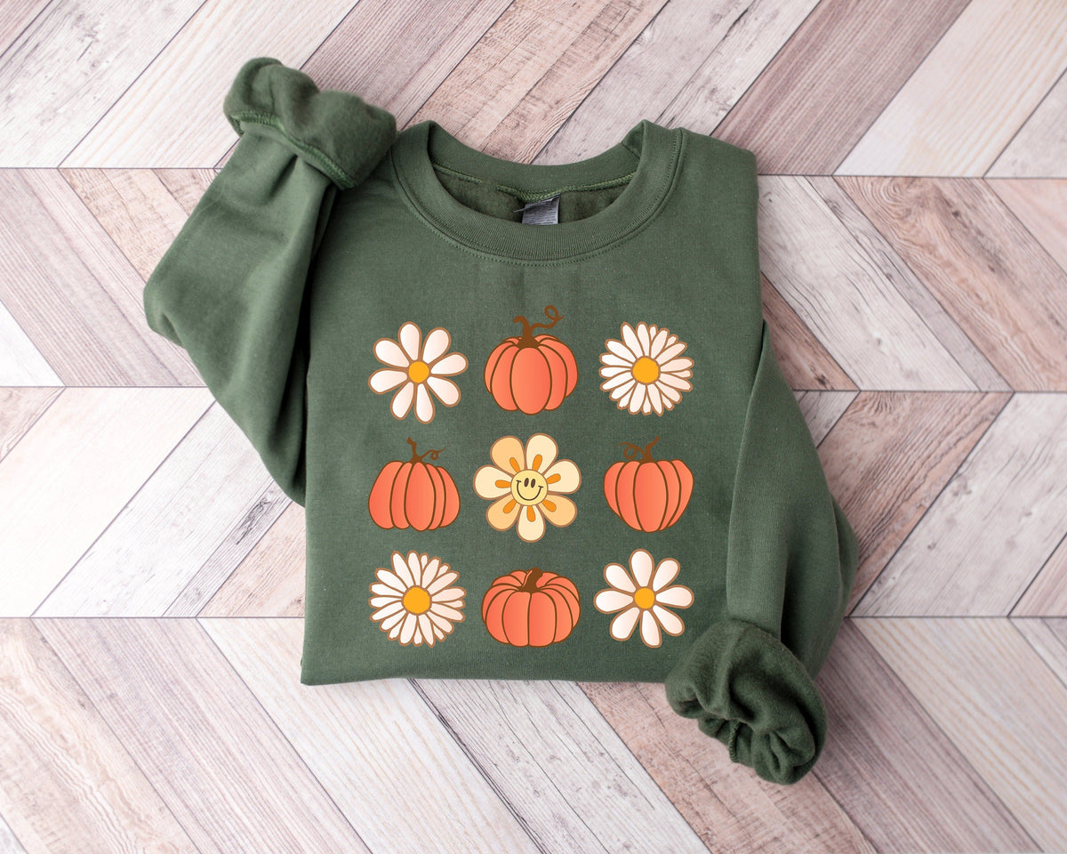 Flowers and pumpkins cute round neck comfortable sweatshirt