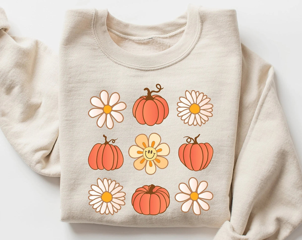 Flowers and pumpkins cute round neck comfortable sweatshirt